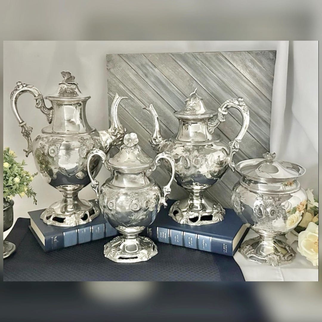 Antique Meriden Britannia Victorian Silver Plate Tea Coffee Set