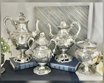 Antique Meriden Britannia Victorian Silver Plate Tea Coffee Set