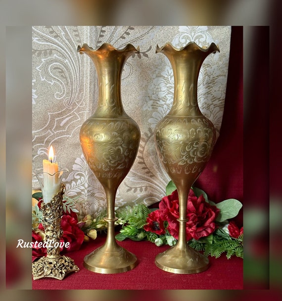 Vintage Brass Vases / Etched Brass Tall Matching Vases/ Brass  Candle Holders / Vases Made in India / Brass Candle Holders / Made in India