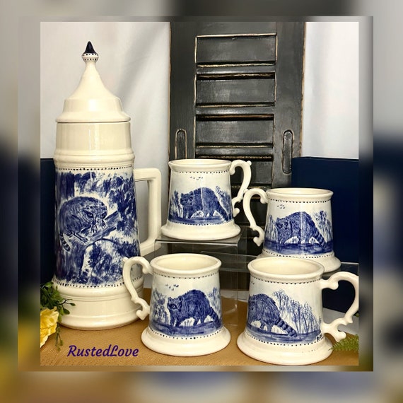 Ceramic Loma Beverage Serving Set / Loma Jug with Mugs / Hand Painted Beverage Serving Set / Raccoon Decorated Serving Pieces / Signed