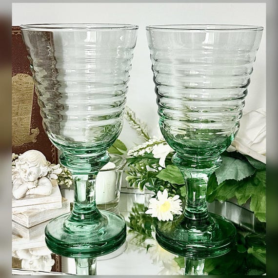 Vintage Libbey Sirrus Spanish Green Goblets, Spool Stem Glassware, Set of 2