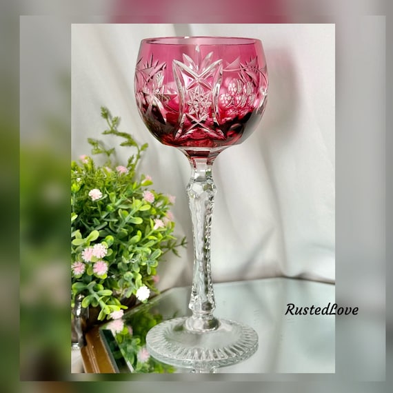Beyer Cranberry Hock Wine Glass / Beyer BEZ1 Wine Glass / Vintage Red Cut To Clear Wine Glass / Beyer Cranberry Hock Wine Glass - 1