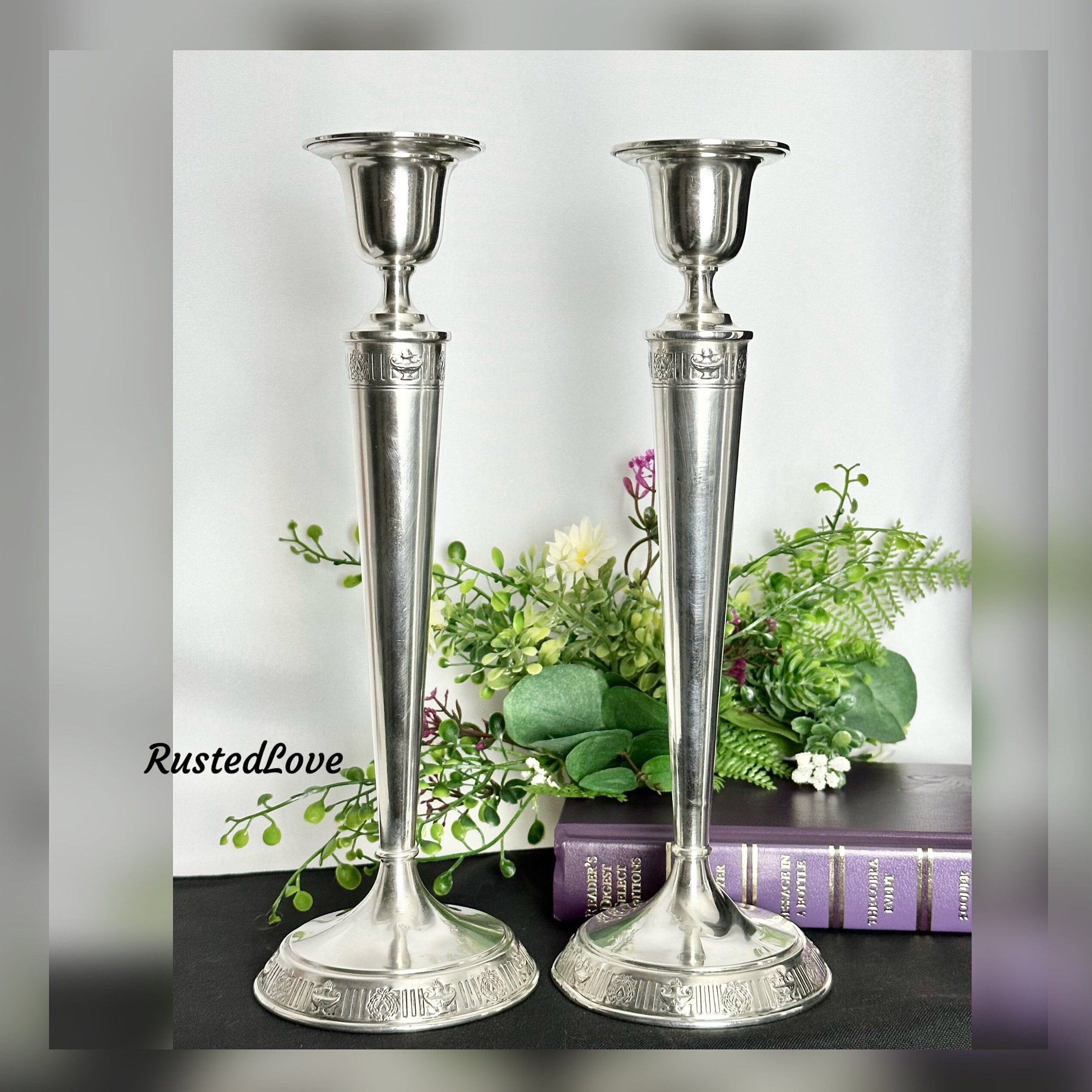 Antique candle holders silver best sale