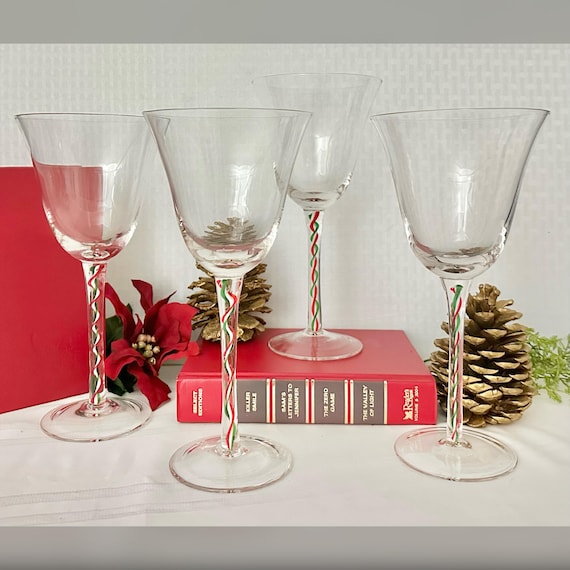 Red and Green Ribbon Wine Glasses / Ribbon Water Glasses / Vintage Hand Crafted Goblets / Red and Green Ribbon Blown Wine Glasses - 4