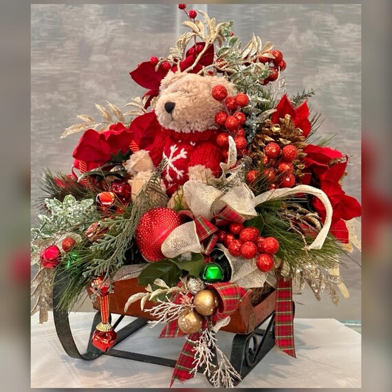 Handmade Christmas Sleigh Floral Arrangement Bear Pine Holiday Centerpiece