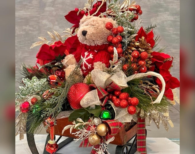Handmade Christmas Sleigh Floral Arrangement Bear Pine Holiday Centerpiece