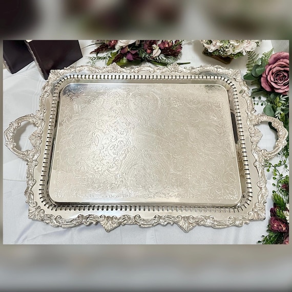 Ornate Silver Plate Butler Serving Tea Tray Vintage Bar Cart Tray