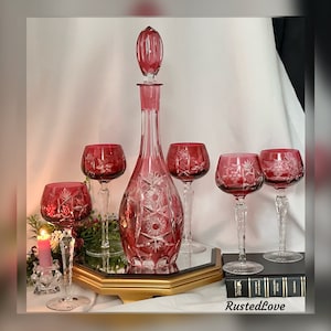Traube Nachtmann Cranberry Red Wine Decanter & Wine Hocks / Traube Cranberry Red Wine Glass Set / Nachtmann Traube Drinkware Set - 5 Pc