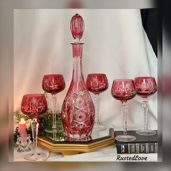 Traube Nachtmann Cranberry Red Wine Decanter & Wine Hocks / Traube Cranberry Red Wine Glass Set / Nachtmann Traube Drinkware Set - 5 Pc