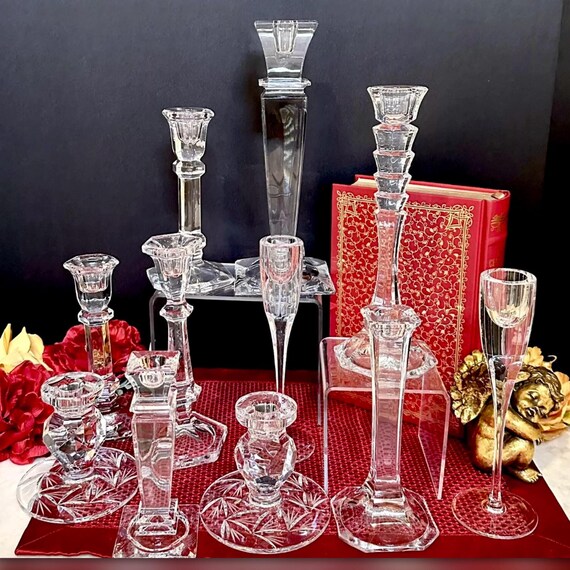 Vintage Crystal Candle Holders / Crystal Candlesticks / Wedding Centerpiece Mixed Candles / Crystal Pillar Candle / Crystal Tabletop Candle