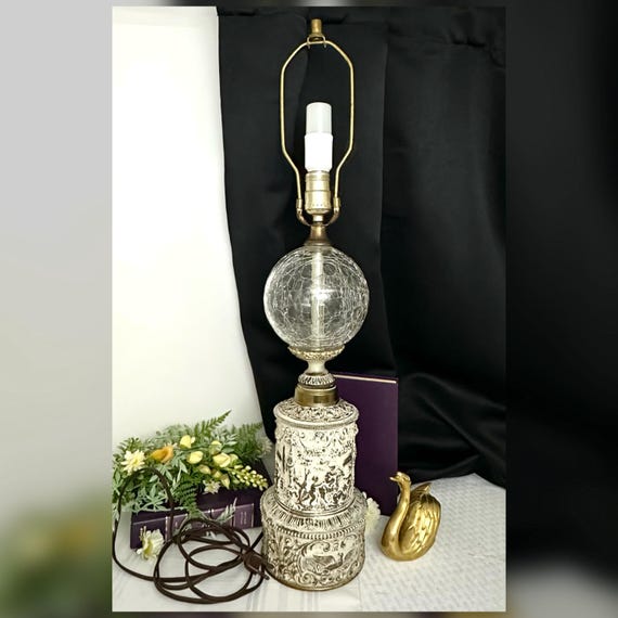 Vintage Brass Cherub Table Lamp / Vintage Brass Vintage Angel Lamp / Victorian Putti Cherub Lamp / Brass and Crackle Glass Sphere Table Lamp