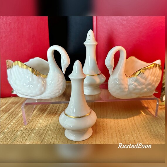 Lenox Salt and Pepper Shakers / Lenox Swan Open Sugar Bowls / Lenox Giftware Swan Open Sugar Bowls / Salt & Pepper Cream with Gold Trim