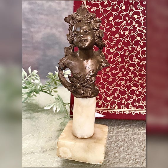 Antique Child Spelter Bust on Stone Base Art Nouveau Victorian Sculpture