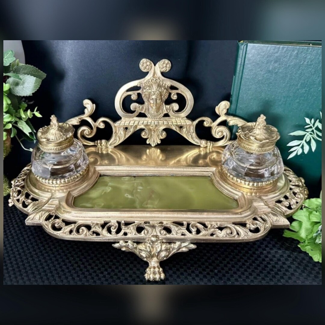 Antique French Bronze Double Inkwell Encrier Louis XV Desk Set
