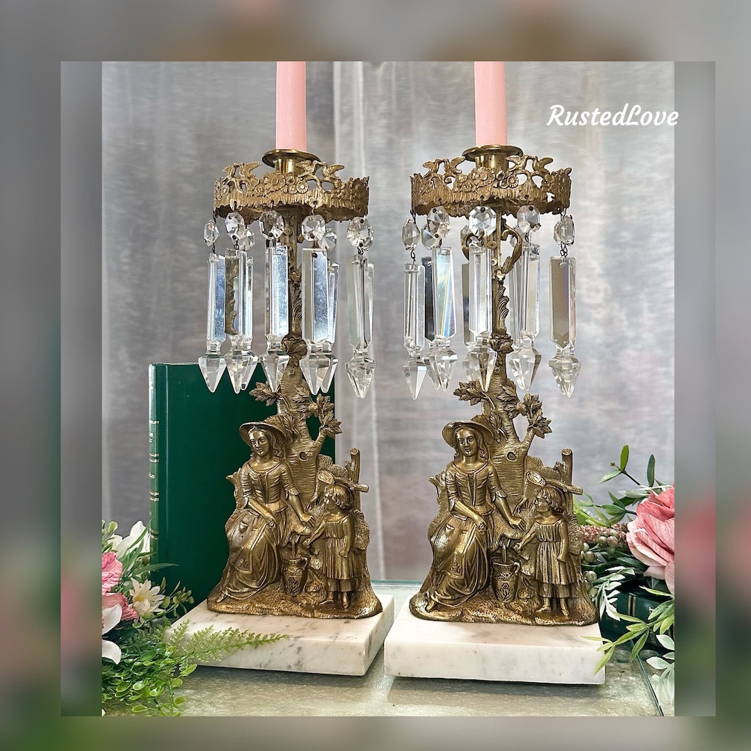 Victorian Brass Girandoles: Cornelius & Co, Marble Base, Crystal