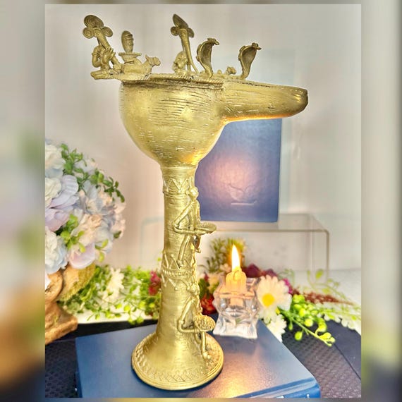 Antique Indian Brass Oil Lamp Dhokra Cast Hindu Temple Diya Ritual Lamp Decor