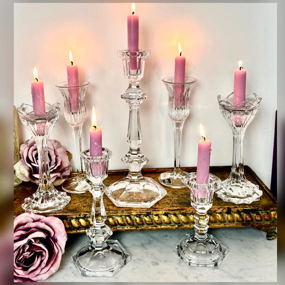 Crystal Glass Taper Candle Holders Set 7 Mixed Vintage Wedding Centerpiece