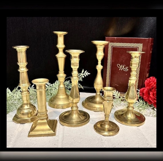 Brass Centerpiece Candlesticks / Set Gold Candle Holders / Vintage Brass Mixed Size Candlesticks / Centerpiece Brass Candlestick Set 7 Pc