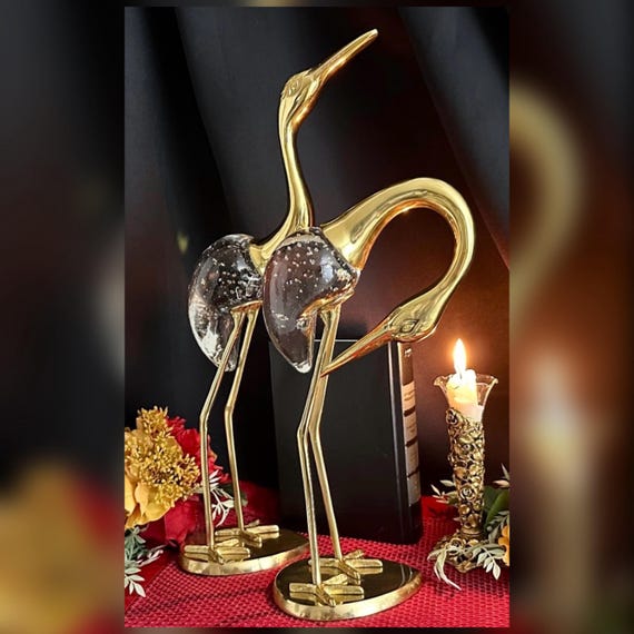 Vintage Blown Glass Crane Figurines, Brass Heron Sculptures, Mid Century