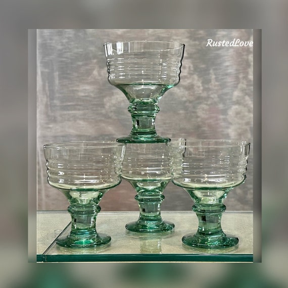 Libbey Sirrus Green Low Sherbet Glasses / Vintage Libbey Spanish Green Goblets / Spool Stem Sirrus Glasses / Vintage Libbey Dessert Cups - 4