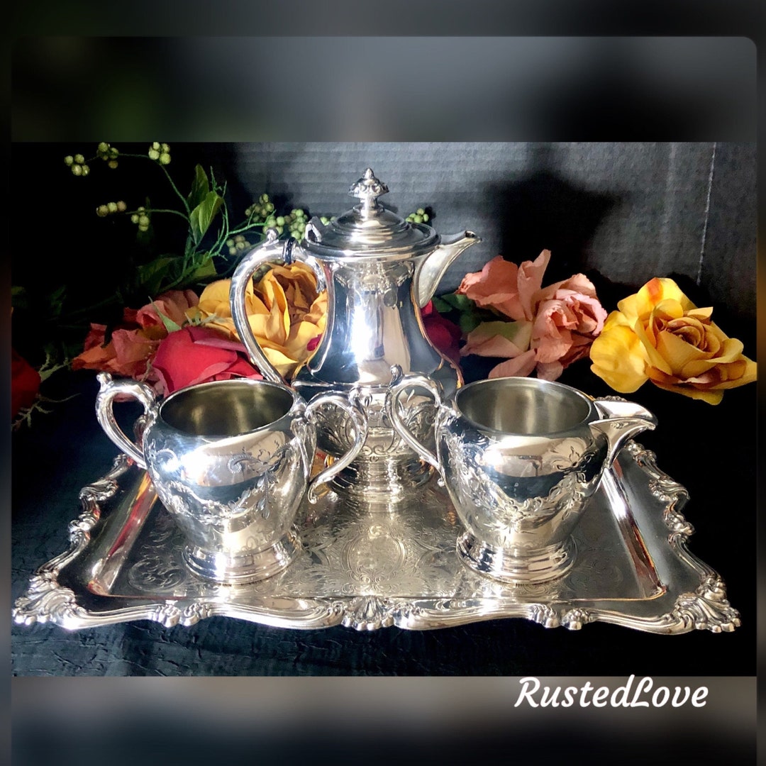 Butler Tea Set Vintage Tea Set / Silver Plated Butlers Tray / Etched Floral Tray ...
