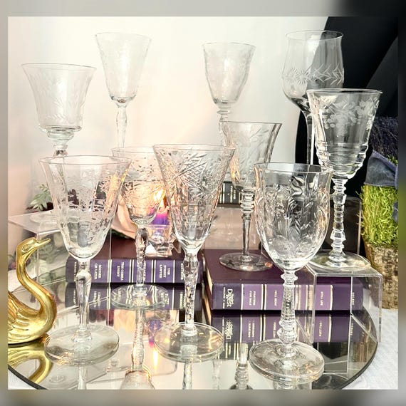 Vintage Wine Glasses / Vintage Mixed Makers Water Goblets / Various Makers Set  Wine or Water Glasses / Vintage Etched Wine Glasses / 10 pc