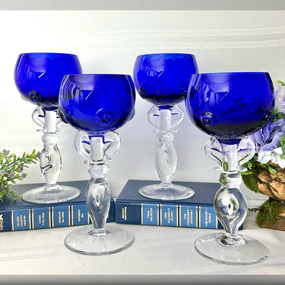 Cobalt Milan Mottle Goblets / Blown Glass Czech Milan Mottl Art Glasses / Cobalt Blue Wine Glasses / Milan Mottle Czech Art Goblets - 4