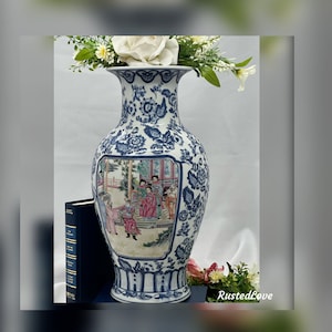 Vintage Oriental Vase / Blue and White Vase / Hand painted Urn / Floor Vase / Oriental Colorful Vase / Vintage 16&quot; Vase / Tall Flower Vase