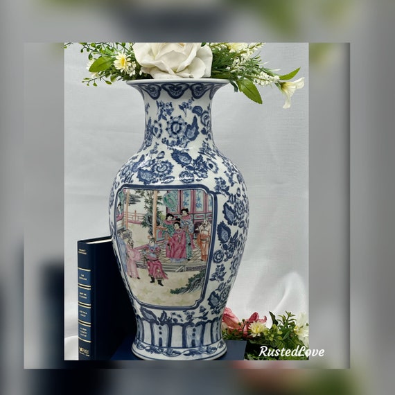 Vintage Oriental Vase / Blue and White Vase / Hand painted Urn / Floor Vase / Oriental Colorful Vase / Vintage 16" Vase / Tall Flower Vase