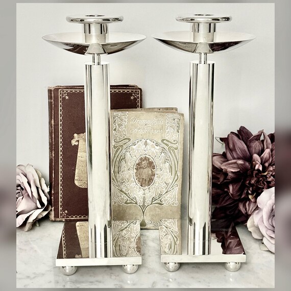 Richard Meier Swid Powell Silver Plate Candlesticks Pair Post Modern Italy