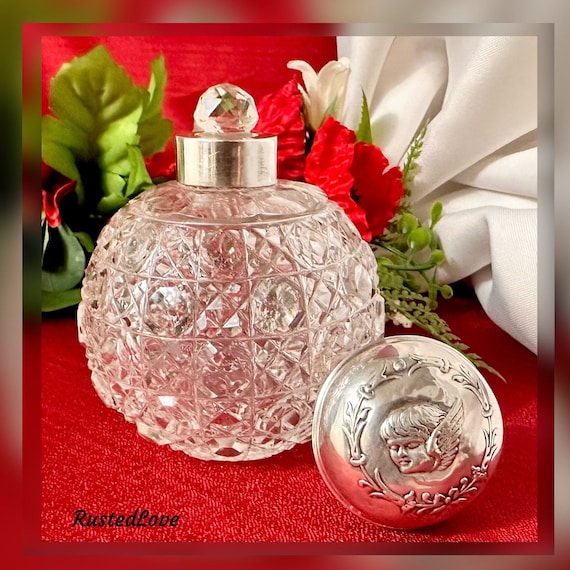 Antique Crystal Perfume Bottle / Antique Scent Jar / Sterling Silver Perfume Jar / Antique English Marked Lid / Perfume Bottle with Dauber