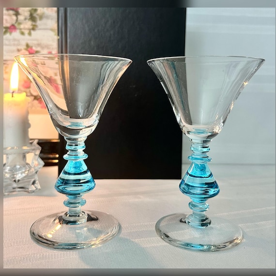 Bryce Claret Wine Glasses Aqua Blue Stem / Vintage Bryce Small Liquor Glasses / Aqua Stem Claret Wine Glasses / Bryce Cocktail Glasses - 2