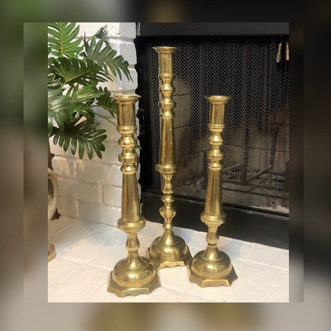 Floor Brass Candlesticks / Fireplace Hearth Candlesticks / Brass