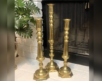 Vintage Solid Brass Candlesticks Set of 3 Tall Fireplace Mantel Candle Holders