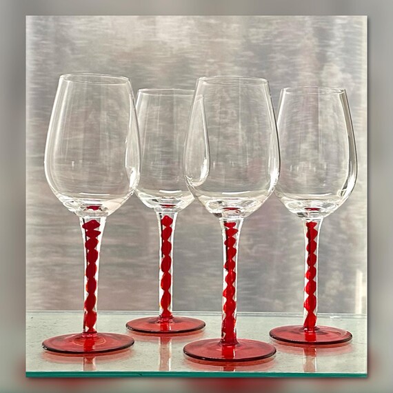 Red Swirl Ribbon Wine Glasses / Red Ribbon Blown Wine Glasses / Swirl Red Ribbon Stem / Red Ribbon Wine Glasses / Vintage Wine Glasses - 4