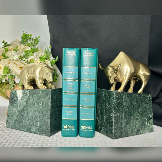 Brass Bull and Bear Bookends - Wall Street Stone Base Book Ends - Stock Market Office Decor - MCM Wall Street Book Ends - Vintage Bookends