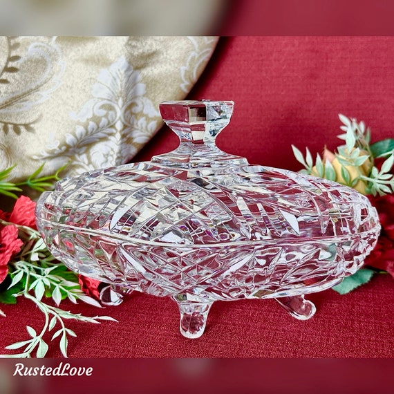 Vintage Candy Dish / Lidded Decorative Bowl / Footed Cut Glass Clear Candy Bowl / Vintage Trinket Bowl / Vintage Glass Candy Bowl