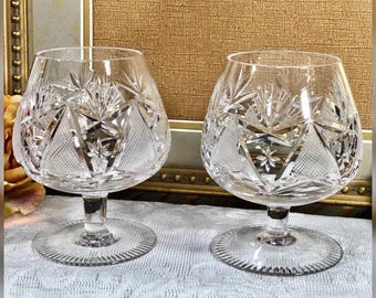 Vintage Cut Crystal Brandy Snifters Pair Fan Diamond Cut Cognac Glasses