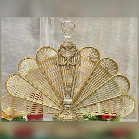 Brass Fireplace Screen / Vintage Brass Peacock Cameo Fan / Victorian Styled Gold Folding Fireplace Screen / Cameo Brass Fireplace Screen