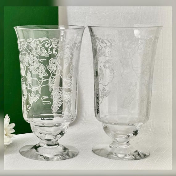 Fostoria Morning Glory Ice Tea Glass Pair Etched Crystal Replacement Vintage