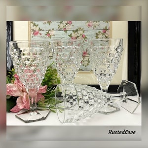 Fostoria American Clear Water Glasses / American Clear Fostoria Water Glasses / Fostoria Pressed Glasses / Fostoria Cube Motif Glasses - 4