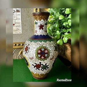 Antique Chinese Cloisonne Vase / Vintage Hand Crafted Cloisonne Vase / Vintage White Enamel and Brass Vase / Multi Colored  Cloisonne Vase