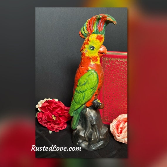 Antique Cast Iron Parrot Doorstop / Colorful Cockatoo / Hand Painted Bird Door Stop / Antique Parrot Statue / Home and Living / 14" Cockatoo