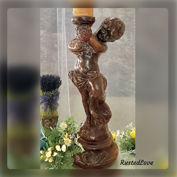 Vintage Cherub Candle Holder Statue / Attila's Original Reproduction Chalkware Candle Holder / Cherub Candle Holder / Vintage Candlestick