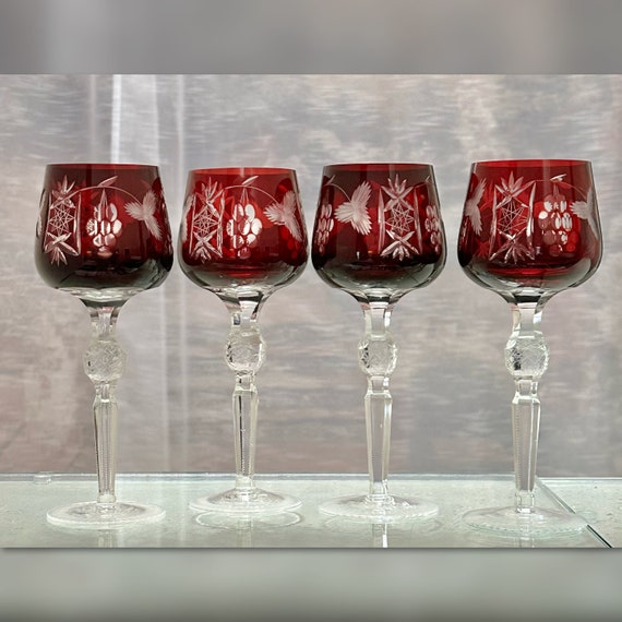 Hortensja Red Wine Hock Glasses / Red Hortensia Hock Wine Glasses / Vintage Red Bohemian Styled Colored Wine Glasses / Red Cut to Clear - 4
