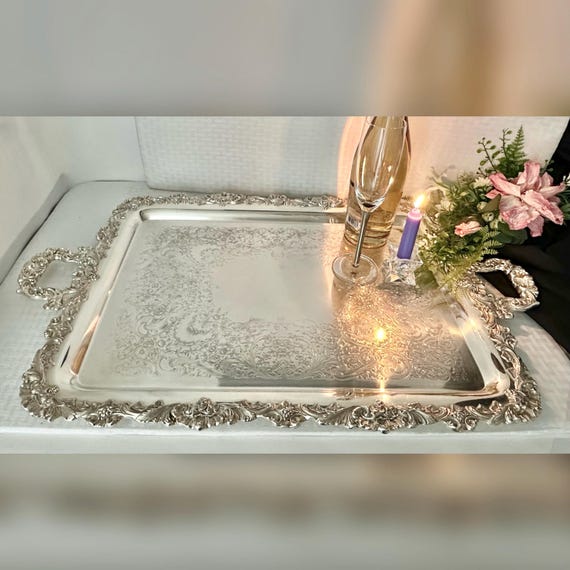 Silver Plated Webster Wilcox English Scroll Footed Tray - Ornate Vintage Tea or Butler's Serving Tray - Silverplated Serving Handled Tray