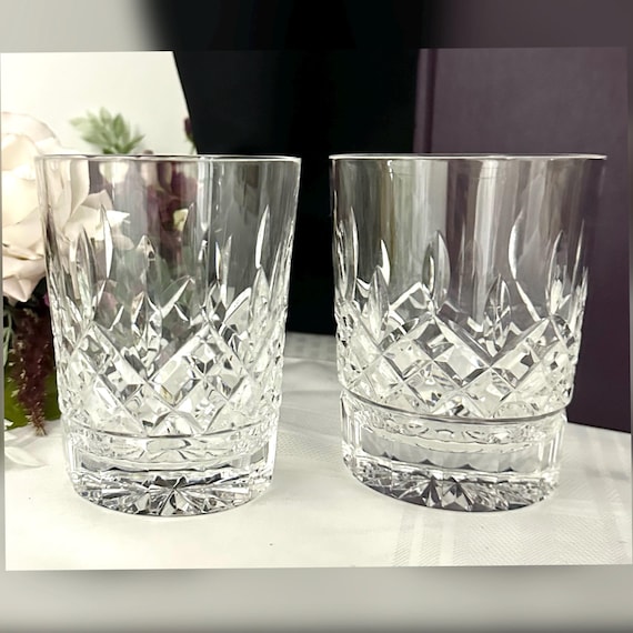 Waterford Lismore Double Old Fashioned Glasses / Lismore Cut Crystal Vintage Barware / Vintage Waterford Signed Old Fashioned Barware Glass