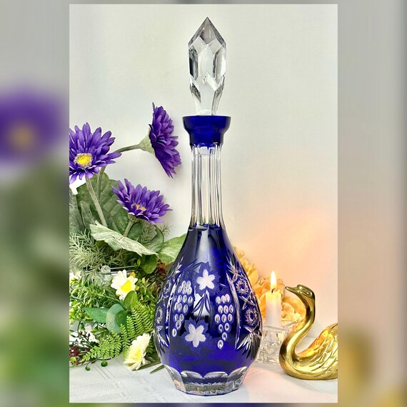Crystal Clear Industries Blue Cut to Clear Decanter Vintage Elegant Barware