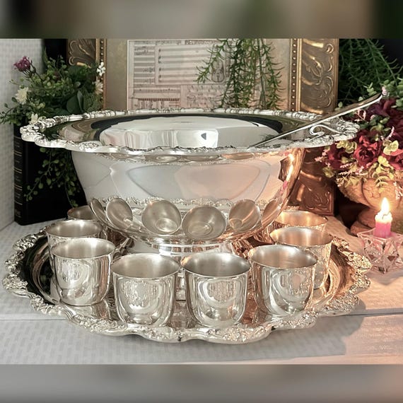 Towle Punch Bowl Silver Plated Set / Towle Silver Plated Bowl / Silver Plated Punch Bowl Tray, Ladle, Cups Serving Set / 13 Pc Punch Set