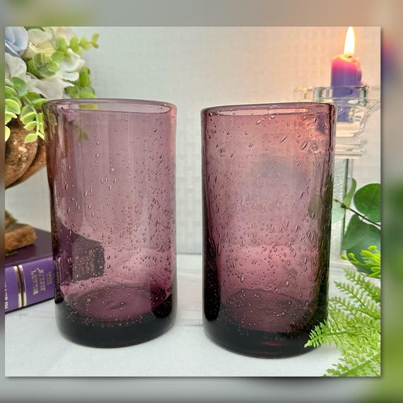 Tag Ltd Plum Flat Tumbles / Tag Plum Purple 18 Oz Bubble Glasses / Tag Ltd Colored Blown Glass Tumblers / Purple Bubble Tumbler Glasses - 2